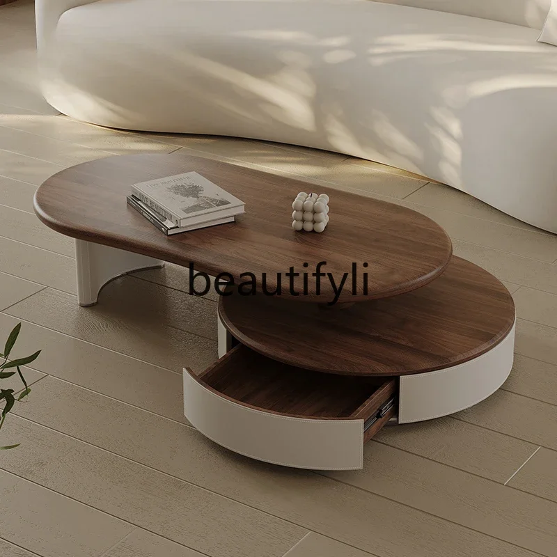 

Medieval style walnut pattern retractable round coffee table high-end simple saddle leather retro style coffee table