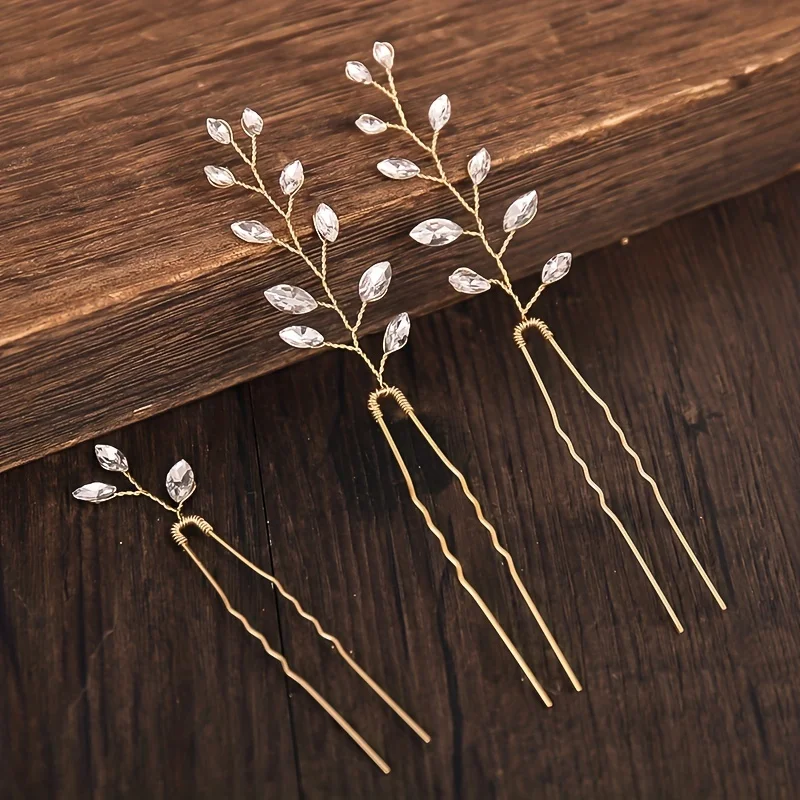 3pcs Gold Color Crystal Hairpin Set Rhinestone Hair Pin Clip Bridal Wedding Hair Accessories Jewelry Pin Clip