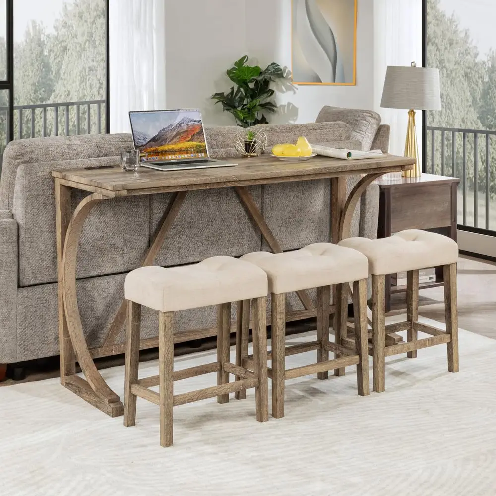 

Industrial 3Person Counter Height Bar Table Set with Power Outlet, 4Piece Dinette Set with Padded Seat Stools, Apartment Condo