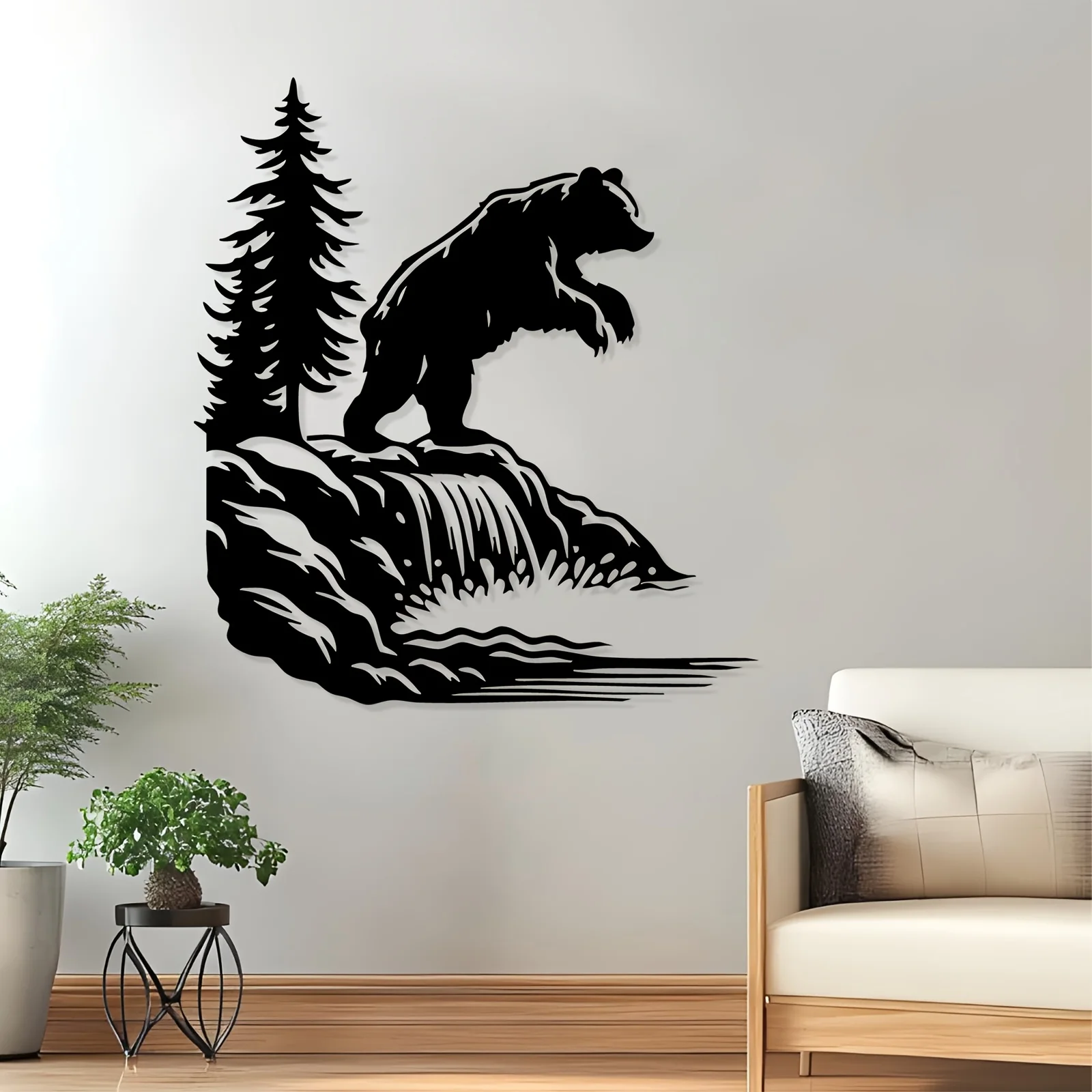 Bear & Waterfall Metal Wall Art,2D Flat Laser‑Cut Silhouette,Weather‑Resistant Iron Wall Mural
