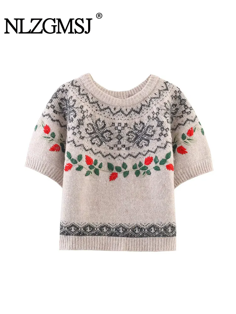 NLZGMSJ suéter de mujer 2025 Otoño Invierno moda cuello redondo manga corta Jacquard suéter de mujer Jersey elegante Top de calle de altura