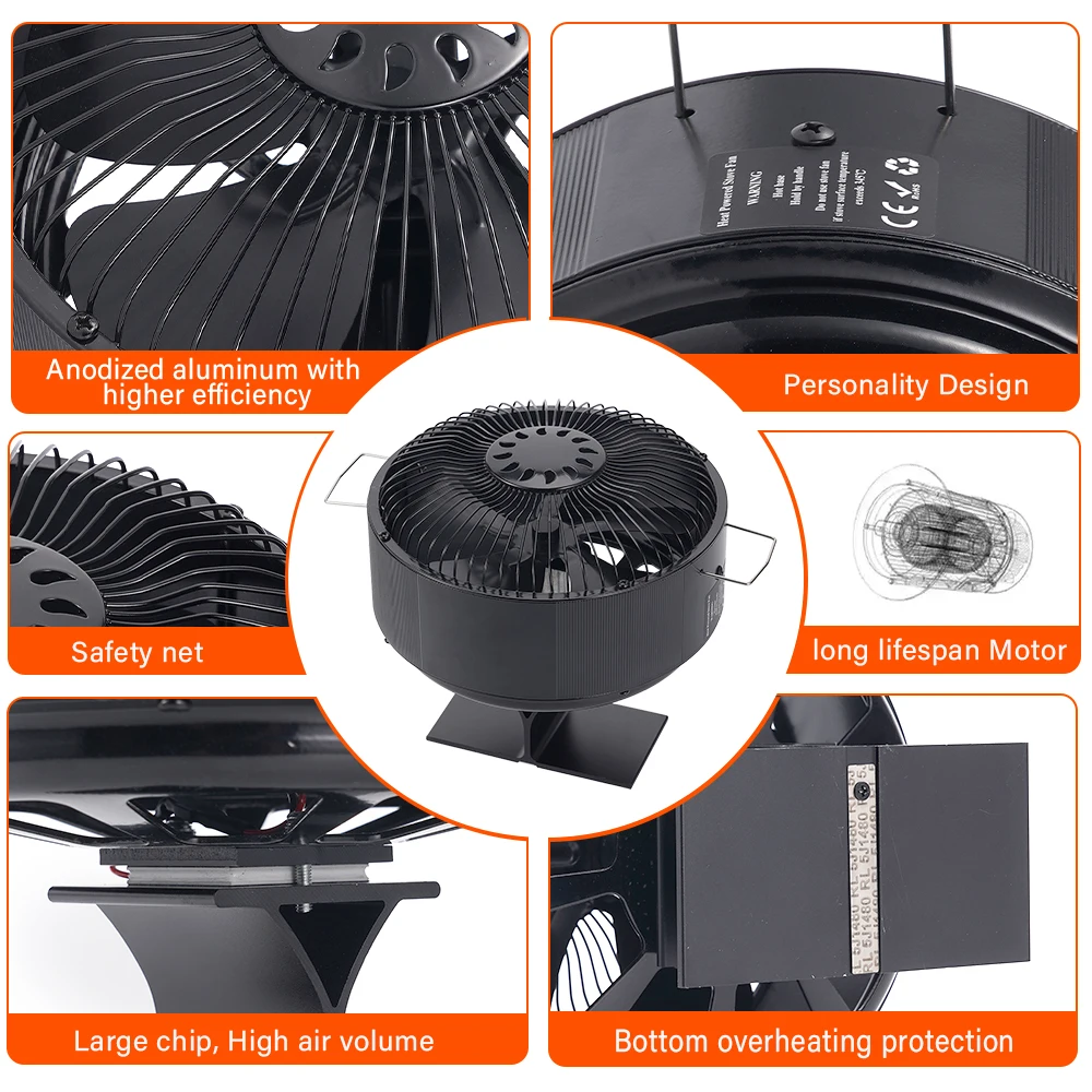 5 Blades Stove Fan Heat Powered Round Log Wood Fireplace Fan Burner Quiet Free-standing Home Warmer Efficient Heat Distribution