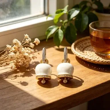 New Enamel Bell Drop Earrings for Women, Cream and Gold Charm Earrings with Crystal, Elegant Classic Jewelry