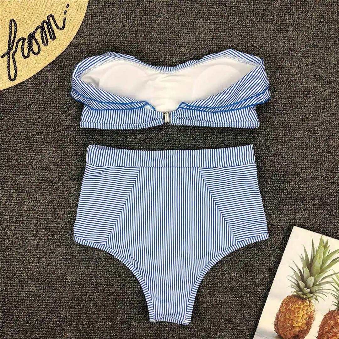 Gestreifter Bandeau-Bikini mit Rüschen, Damen-Badeanzug, hochtailliert, zweiteiliger Bikini, Badebekleidung, Badeanzug, Modell V1183. – Detail 14