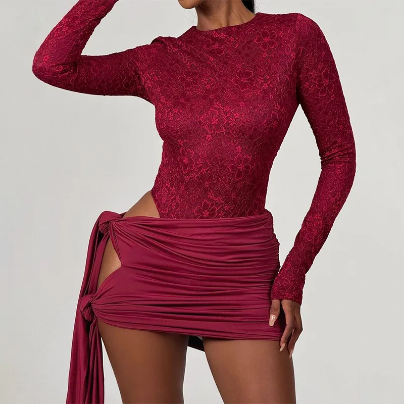 

Solid 2 Piece Set Women Fashion O Neck Long Sleeve Lace Bodysuits Tops + Lace-up Ribbons Ruched Bodycon Mini Skirt Suit Clubwear
