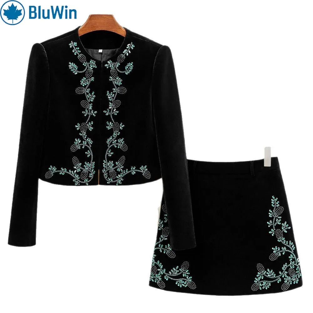 

BluWin Velvet Embroidered Two-Piece Set, Cropped Jacket & Mini Skirt, Elegant Party
