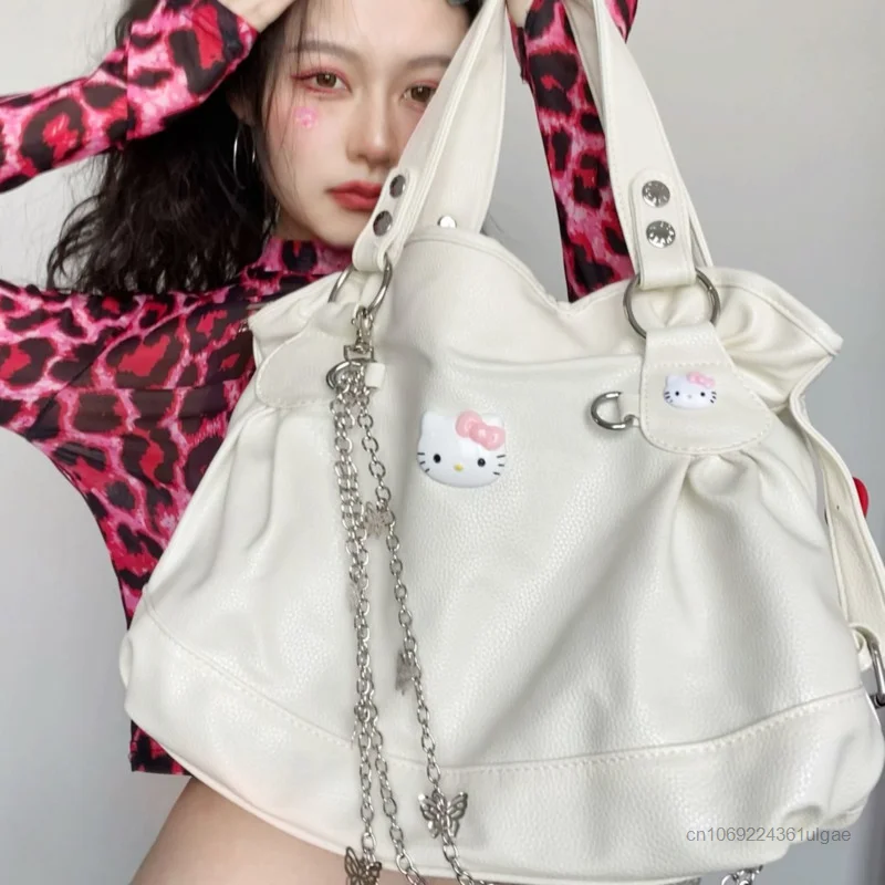 Sanrio Hello Kitty Chains PU Leather Bag Women Luxury Designer Handbag Y2k Cartoon Fashion Shoulder Bags Spicy Girl Trend Totes