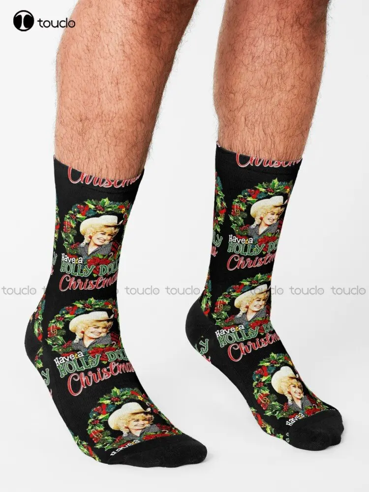 Have A Holly Dolly Christmas Funny Dolly Parton Christmas Socks Running Socks Womens 360° Digital Print Custom Gift Streetwear