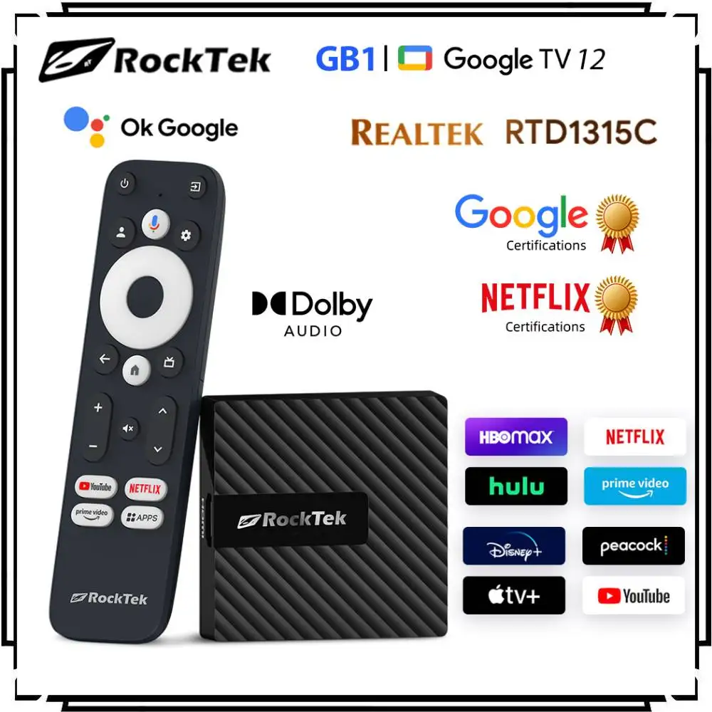 RockTek GB1 TV Dongle Netflix Google Certified TV Stick Mini BOX 2GB16GB Media Player Support Dolby Atmos Vision 2T2R Wifi BT5.0