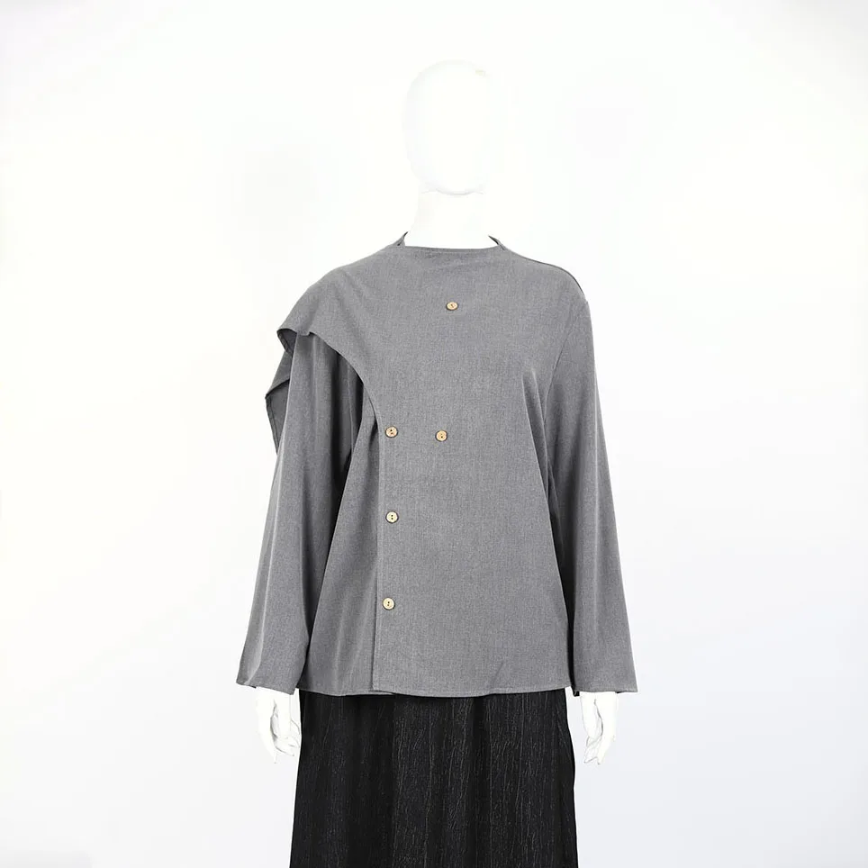 

Женская однотонная асимметричная блузка 2024, весенняя мода, свободный топ на пуговицах с длинными рукавами, офисный повседневный модный топ