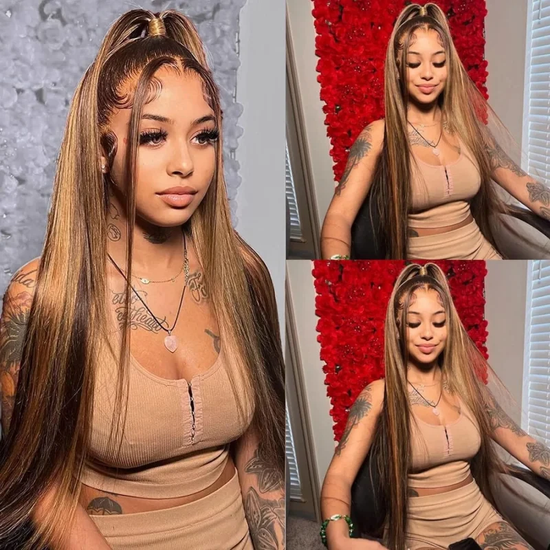 30 42 Inch Straight 360 Full Lace Front Highlight Wig Human Hair 250% Colored 4/27 Honey Blonde Brazilian 13x6 Lace Frontal Wig image 4