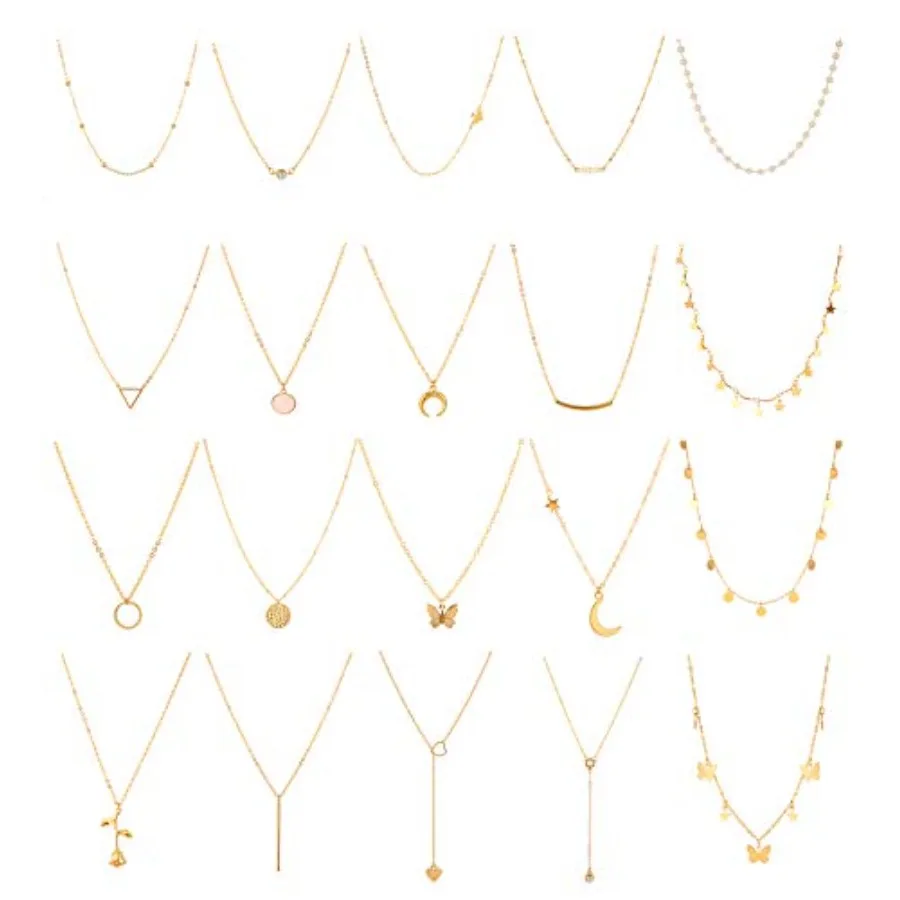 Honsny 20PCS 14K Plated Choker Necklaces for Women, Dainty Diamond Coin Pearl Pendant Simple Chain Necklace Set Cute Layered Ne
