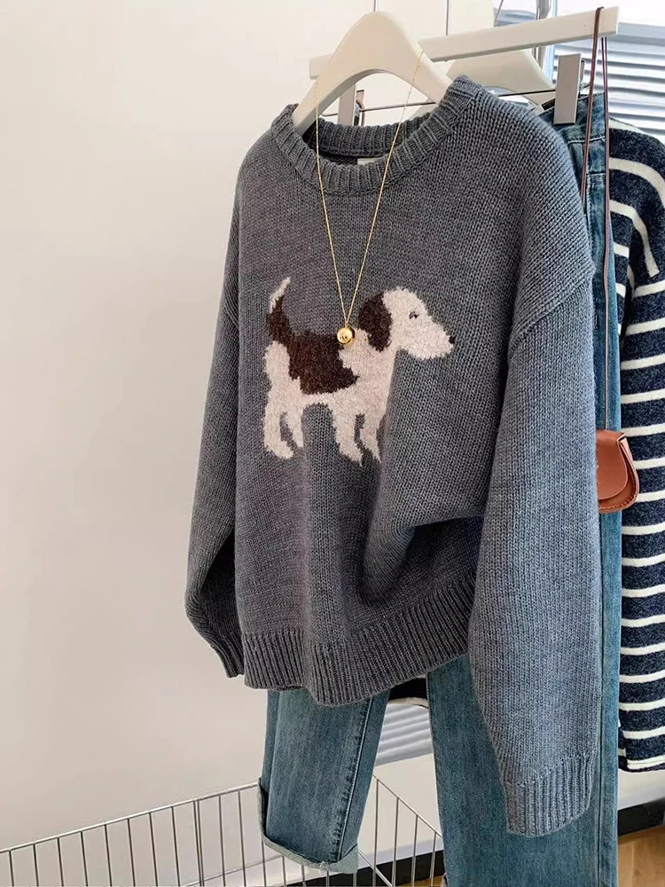 Pull à col rond pour femme, style coréen, mode, jacquard pour chien, doux, décontracté, hiver