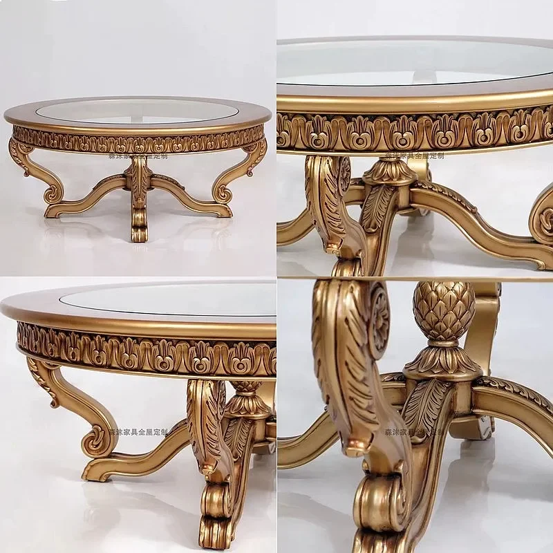 To European Classical Carved Solid Wood Glass Top Round Coffee Table French Vintage Villa Living Room Gold Center Table