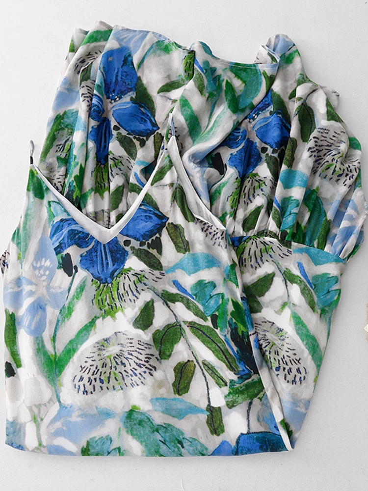 Beach Vaion V-Ne Estampado floral ter Dr Novedad de verano para mujer Estampado de acuarela Dobladillo de encaje Mezcla de algodón de longitud media Dr