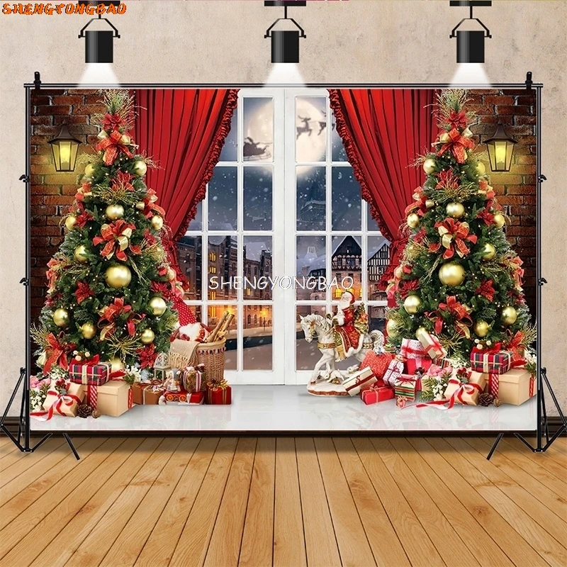 

SHENGYONGBAO Christmas Tree Flower Wreath Wooden Gift Photography Backdrop Window Snowman Cinema New Year Background Prop GHH-96