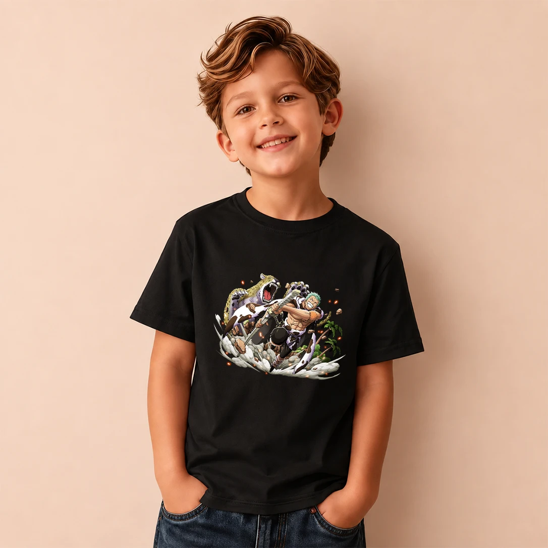 Kids T‑Shirt One Piece Roronoa Zoro Battle Scene Print Short Sleeve Casual Tops Boys Girls Anime Children Daily Wear Tees