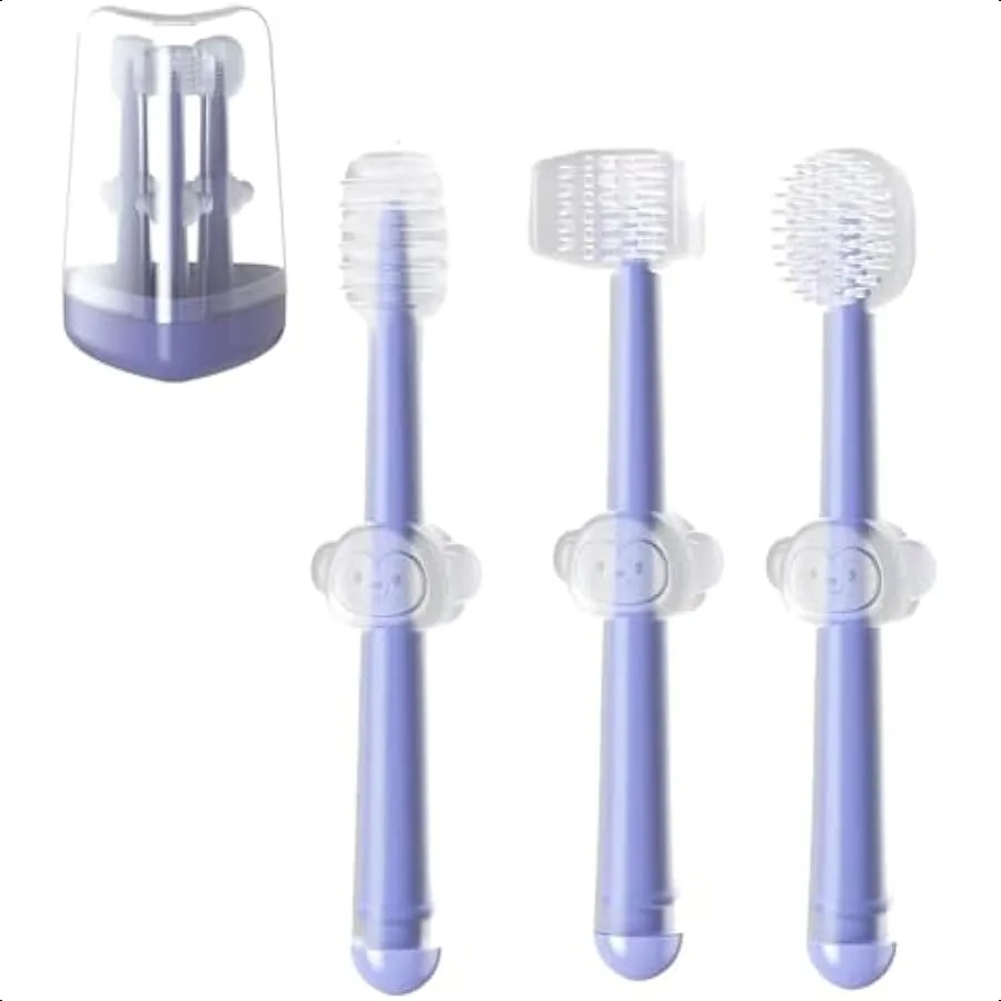 

3 Pack Silicone Toddler Toothbrushes 0 to 18 Months Baby Tongue Cleaner + UShaped ToothScrubber + First Toothbrush Teething Gum
