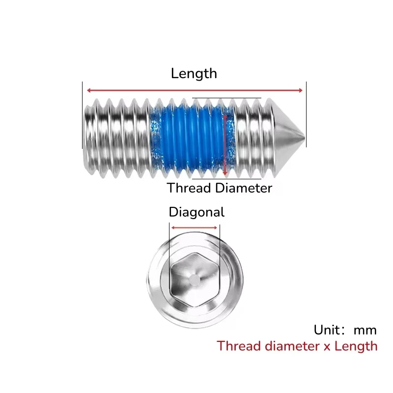 304 Stainless Steel M2.5 M3 M4 M5 M6 M8 Blue Anti-Loosening Screws Headless Hexagon Cone Point Set Screw