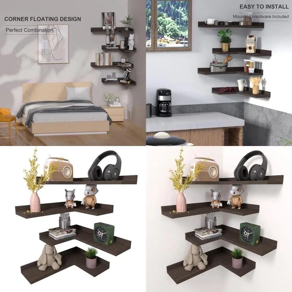 

4-х уровневые L-образные угловые настенные полки из сосны в деревенском стиле — темно-коричневый для хранения и декора дома