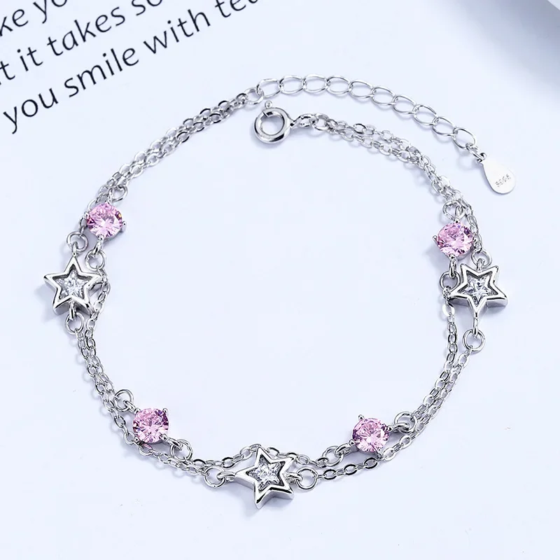 

s925 Sterling Silver Star Pink Crystal Women's Bracelet ins Simple Personality Luxury Zircon Girlfriend Hand Jewegi