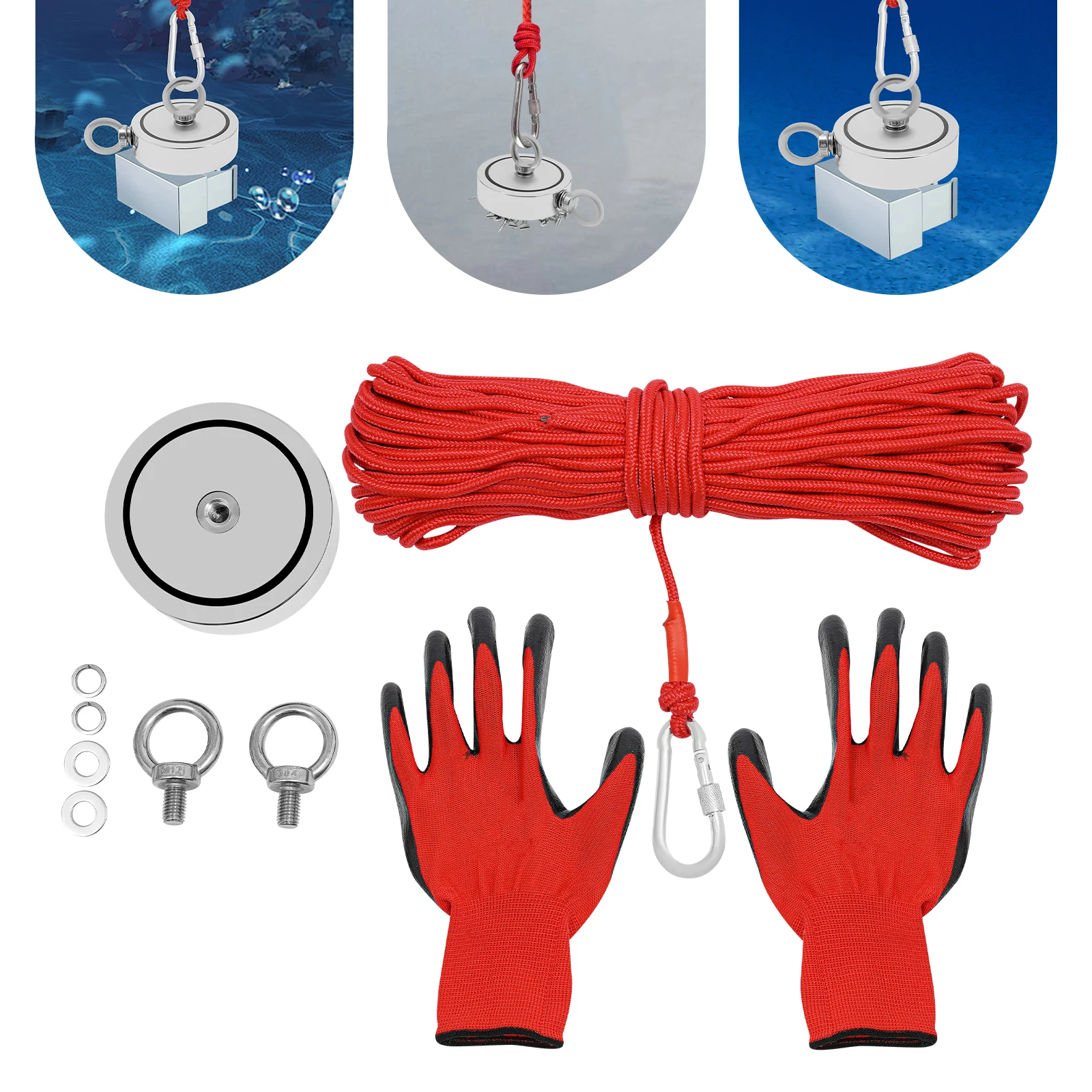 

Fishing Magnet Kit, Heavy-Duty Magnet Fishing Kit, Salvaging MagFishing Magnet Kit, net 2000 Pounds X6mmx30m Rope+gloves English