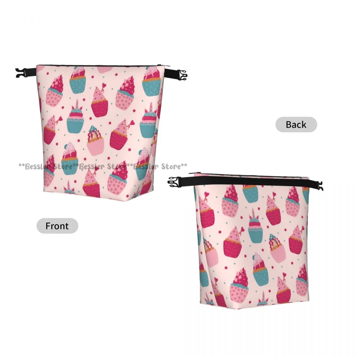 Roll Top Thermal Lunch Bag Ice Cream Cupcakes Hearts And Strawberry Pink Insulated Bento Bag Reusable Food Storage Handbag