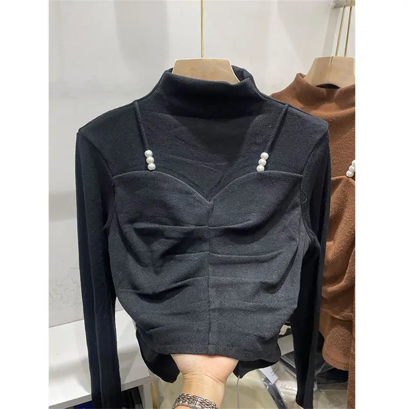 Zoete geplooide effen T-shirts met lange mouwen Koreaanse tweedelige all-match tops lente herfst nieuwe mode casual dameskleding