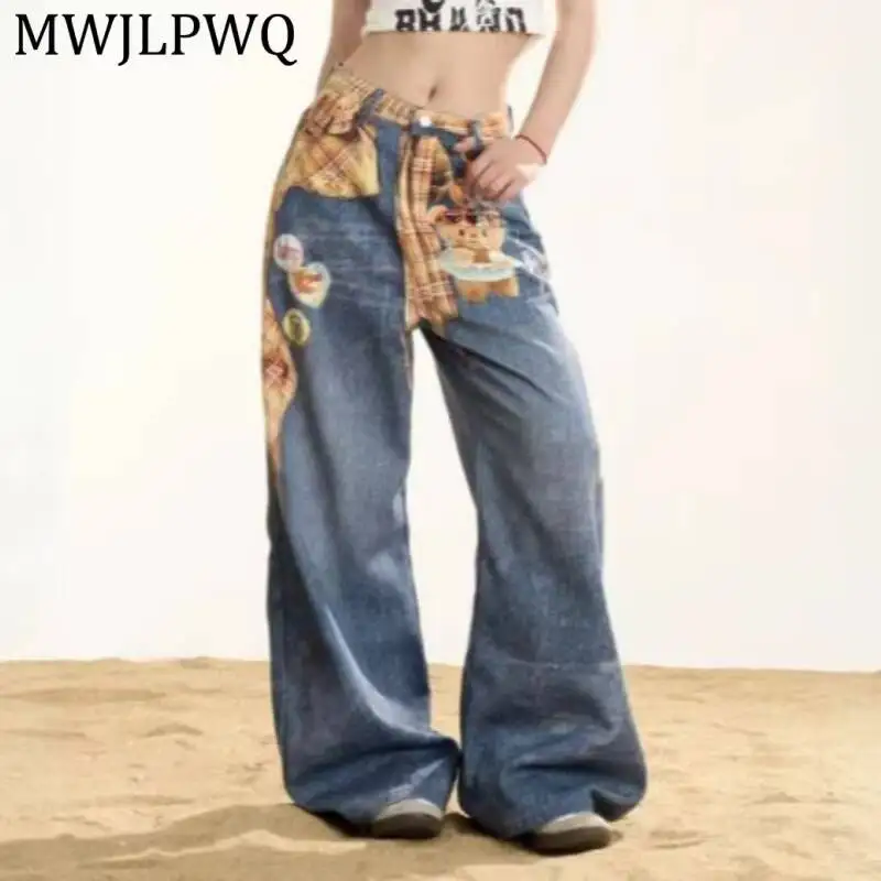 MWJLPWQ High Waist Wide Leg Jeans Plaid Splicing Sticker Print Washed Loose Floor Length Unisex Y2k Cute Street Trousers 14585