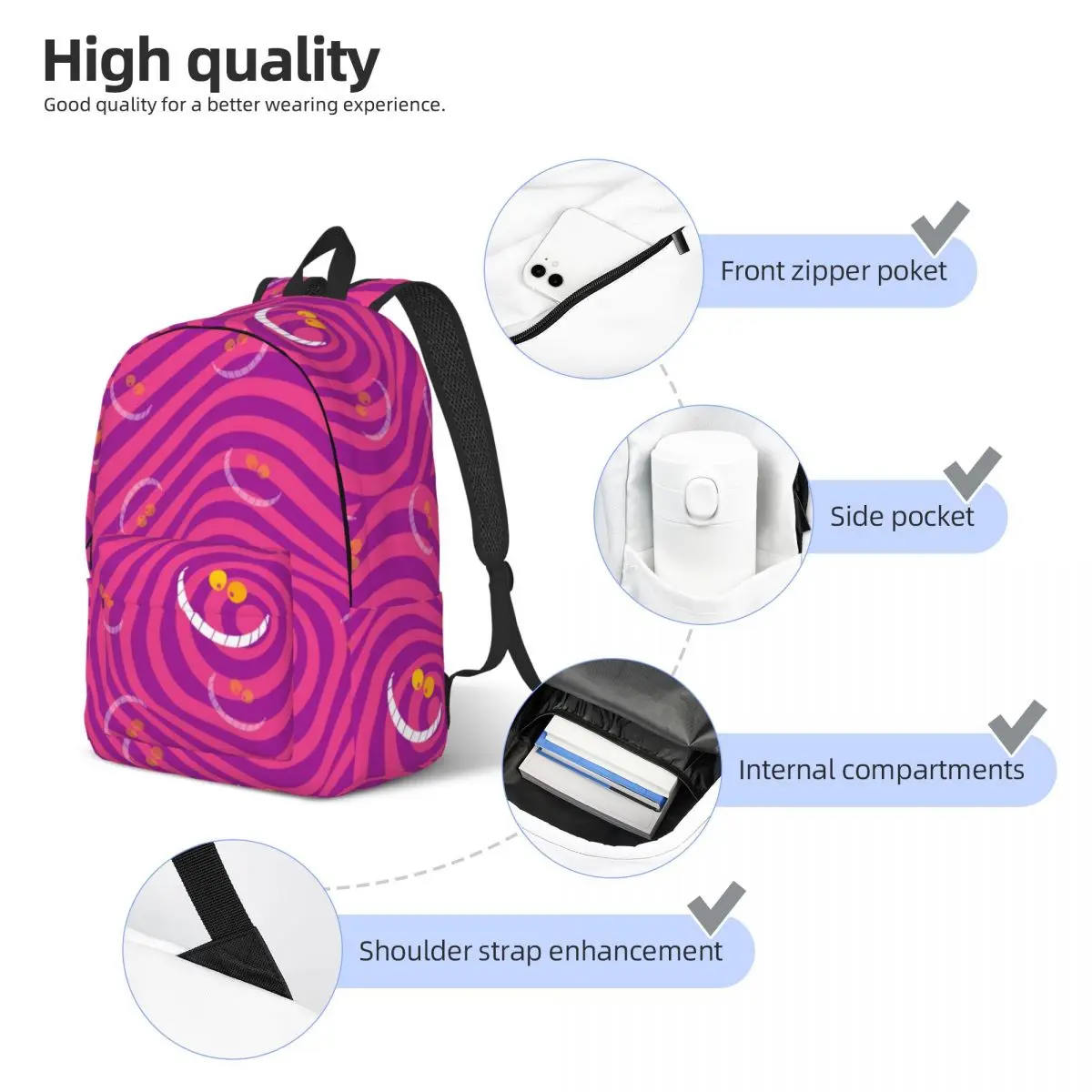 Custom Cheshire Cat Pattern Canvas Backpacks for School College Student Bookbag Fits 15 Inch Laptop Alice In Wonderland Bags