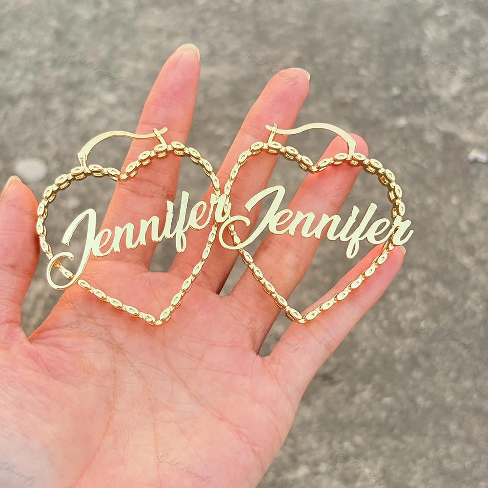 Custom Name Heart Hoop Earrings Personalized Gold Plated Watch Chain Link Design Statement Jewelry Gift for Women Birthday