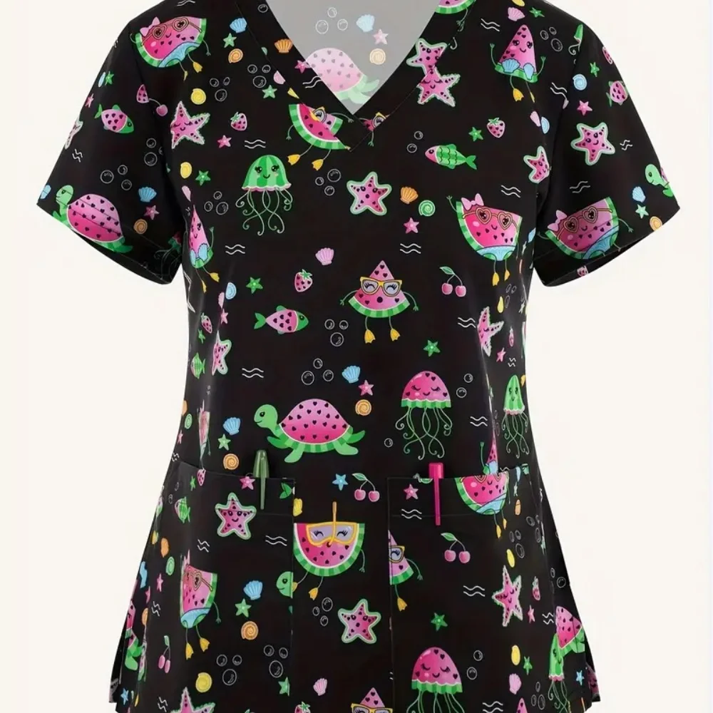 Medical Nursing Uniform Women’s Stretch Ombre Print V-Neck Short Sleeve Tops Pocket Medical Clothing for Women Hospital Uniform