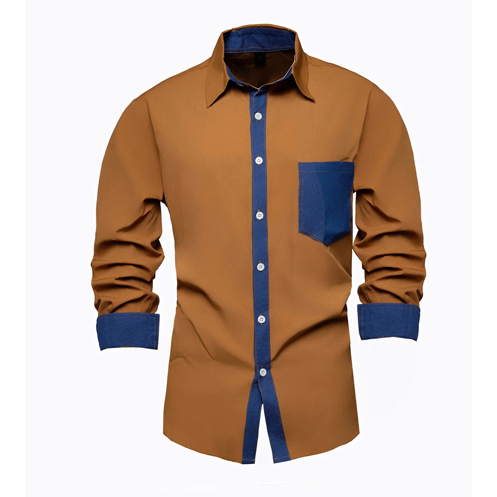 

Повседневная джинсовая рубашка с длинным рукавом для мужчин, облегающая корейская стильная модная легкая удобная повседневная одежда с цветными блоками и воротником