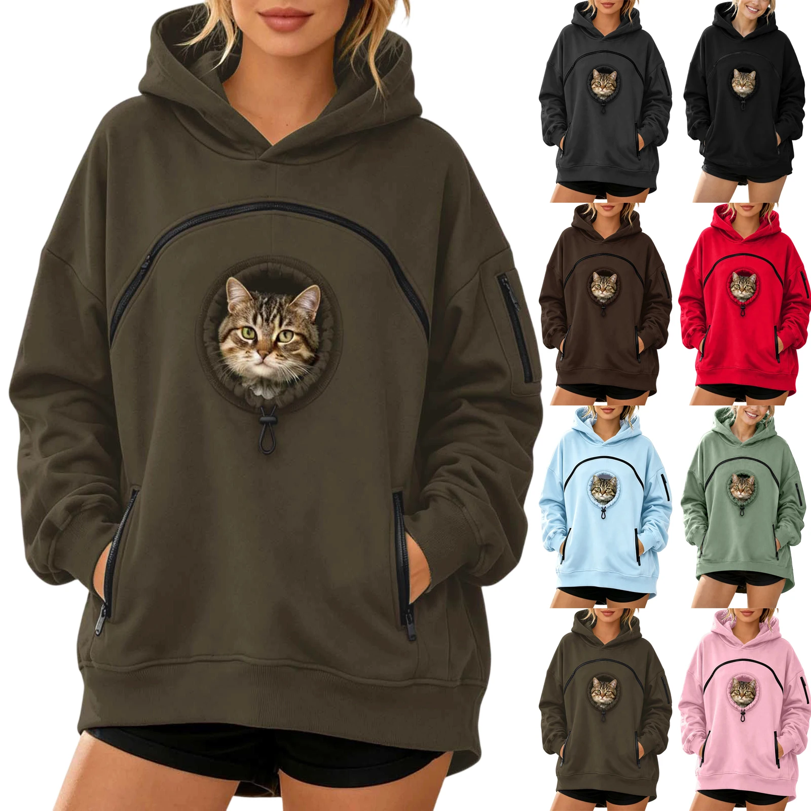 Women's Pet Pouch Hoodie Casual Loose Drop Shoulder Zipper HoodedSweatshirt Fashion Hoodie Pullover for Cats Dogs Lovers