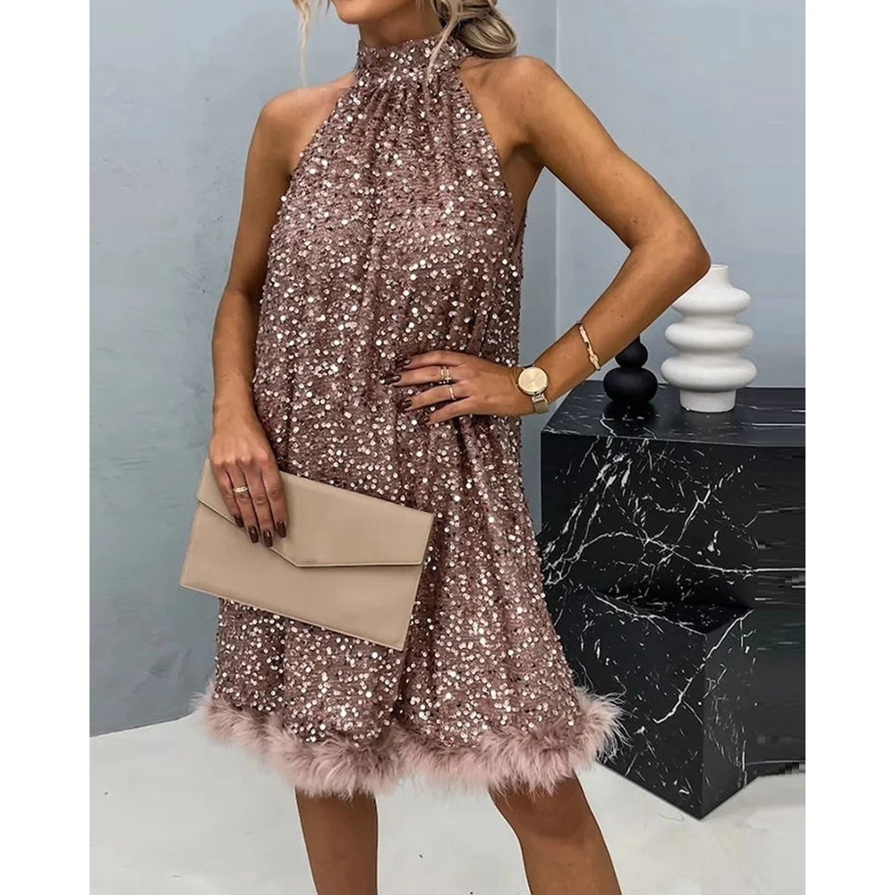 

Elegant Women Bling Sequin Design Feather Hem Decor Tied Detail Sleeveless Summer Dresses Female Short Dress Party Robe Vestidos