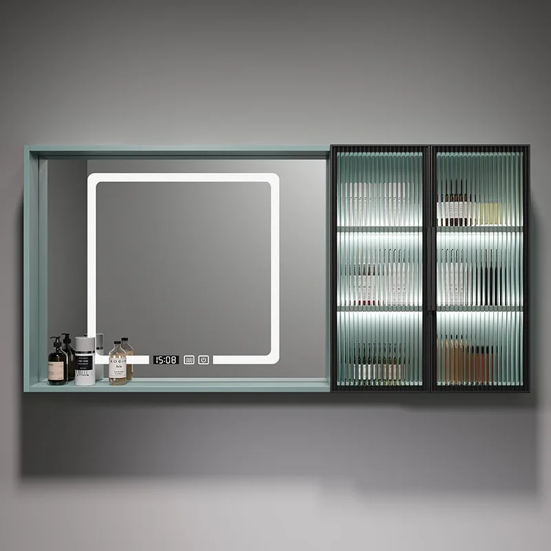 Smart bathroom mirror cabinet solid wood separate wall-mounted bathroom mirror with light