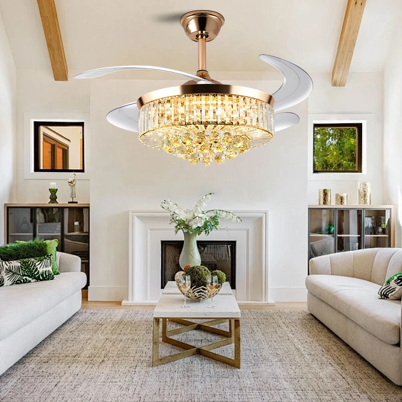 

48 Inch Crystal Ceiling Fan with Light and Remote Modern Invisible Retractable Chandelier Fan Gold for Bedroom Living Room