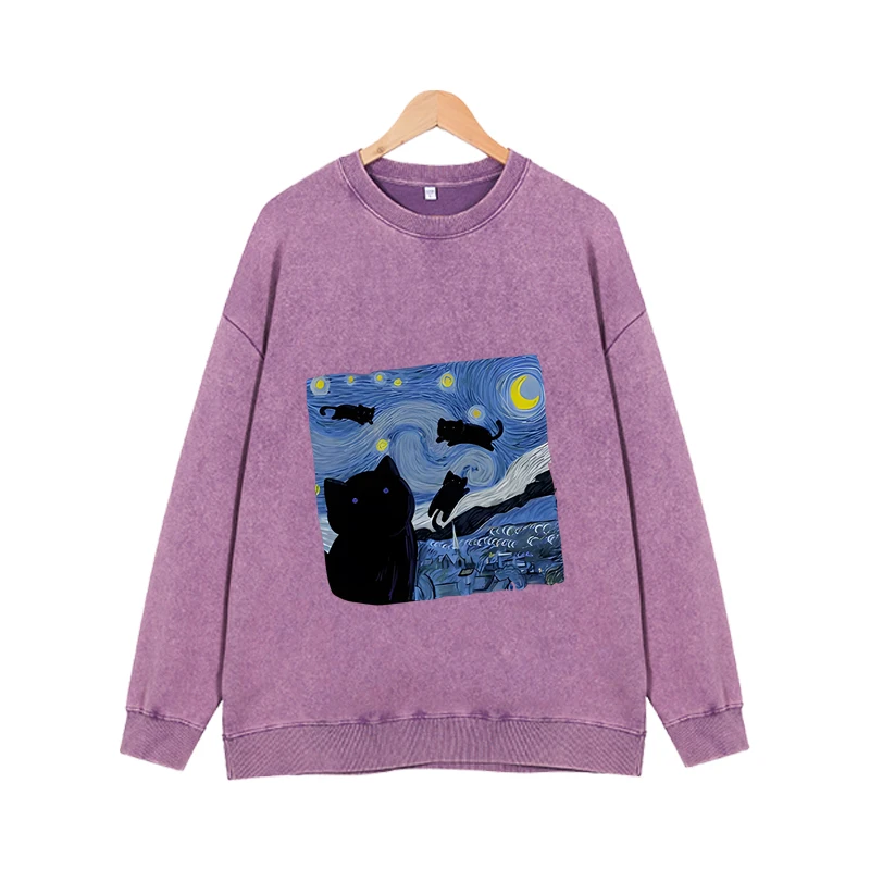 

Small black cat round neck loose top under the starry sky, women's cool and casual Harajuku hip-hop street long sleeved top