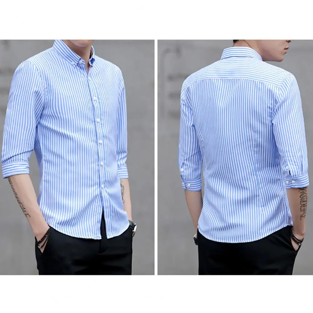 

Three Quarter Sleeve Men Shirt Men Loose Fit Shirt Stylish Plus Size Men's Striped Shirt Loose Fit Three Quarter for Office