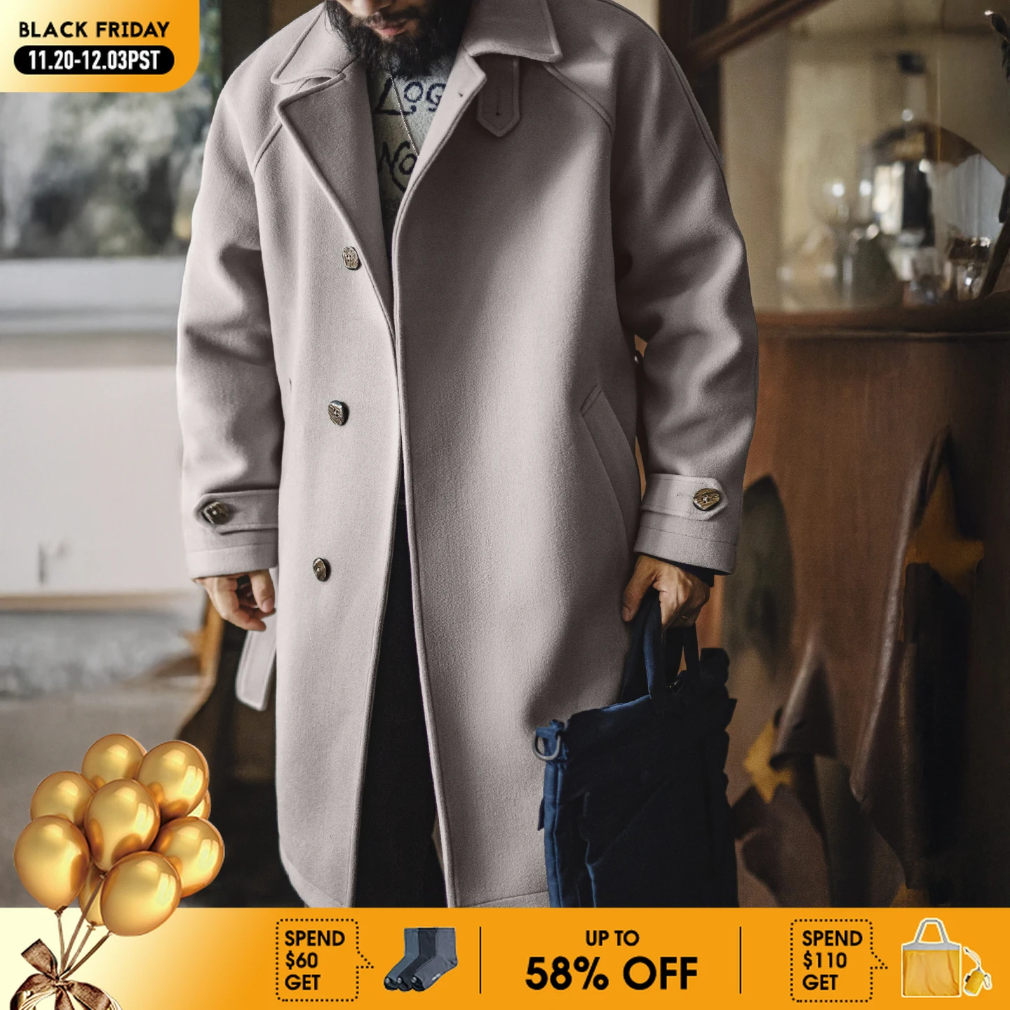 

Мужской плащ Maden, свободное пальто средней длины, пальто для зимы, рукав реглан, ремень, дизайн с поясом, немецкий стиль