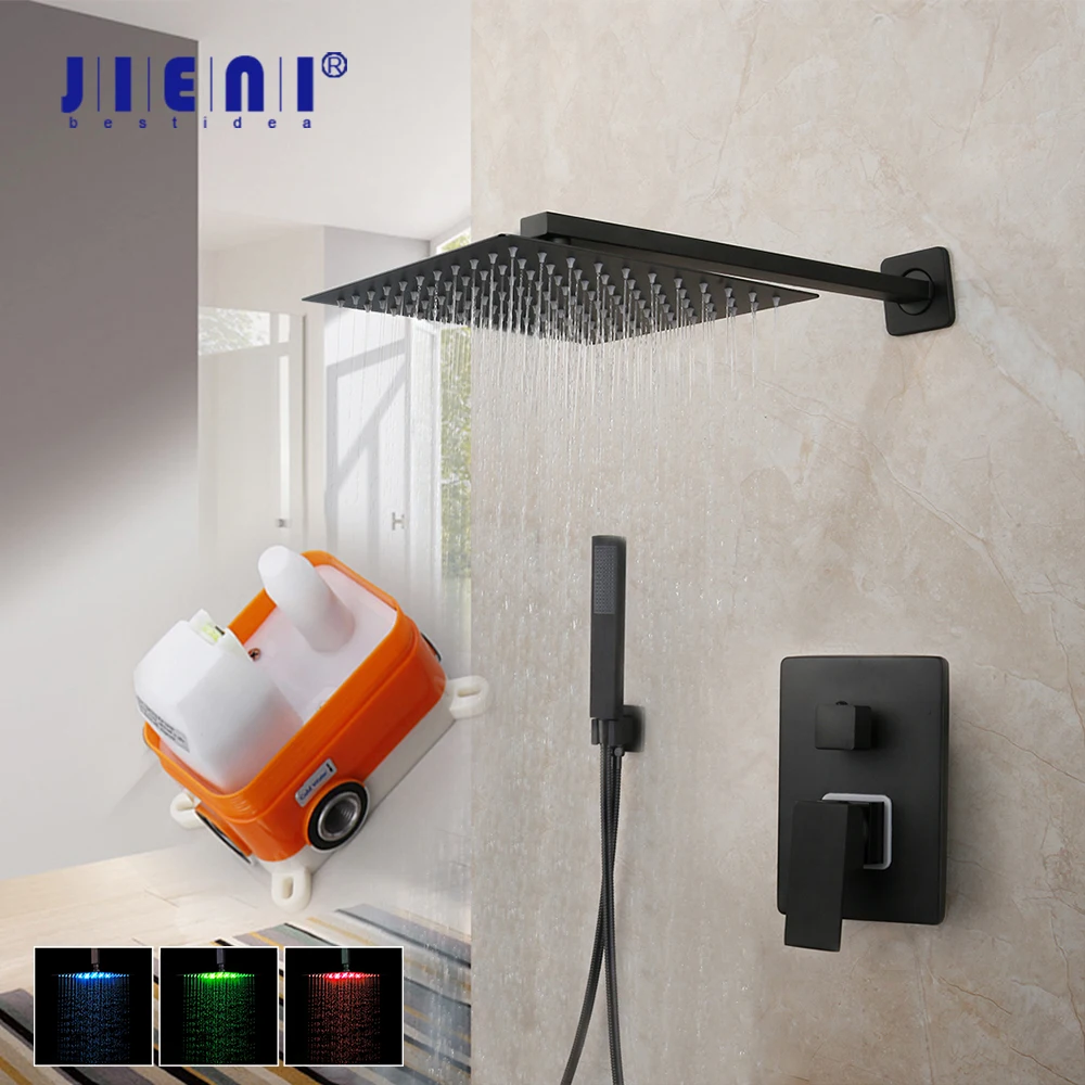 

JIENI 8~16 Inch Matte Black Bathroom Shower Faucet Wall Mounted LED Shower Head Mixer W/ Embedded Box Valve Rainfall Shower Set