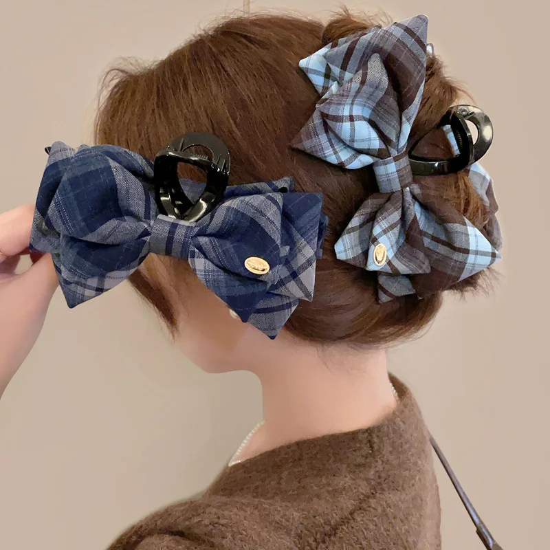 Karierte Stoff-Haarspange mit Doppelschicht-Schleife für Damen, Eleganter Haarklammer im Shark-Design, Modische Haarnadel für den Hinterkopf