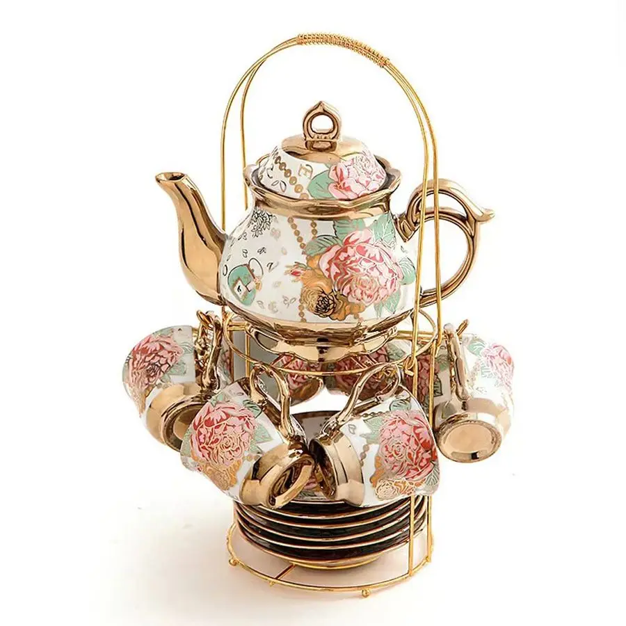 

tea sets Gold Plated Red Rose Ceramic Tea Set, Vintage Teapot Tea Sets Beautiful Tea Set Coffee Serving 6 People Golden, Medium