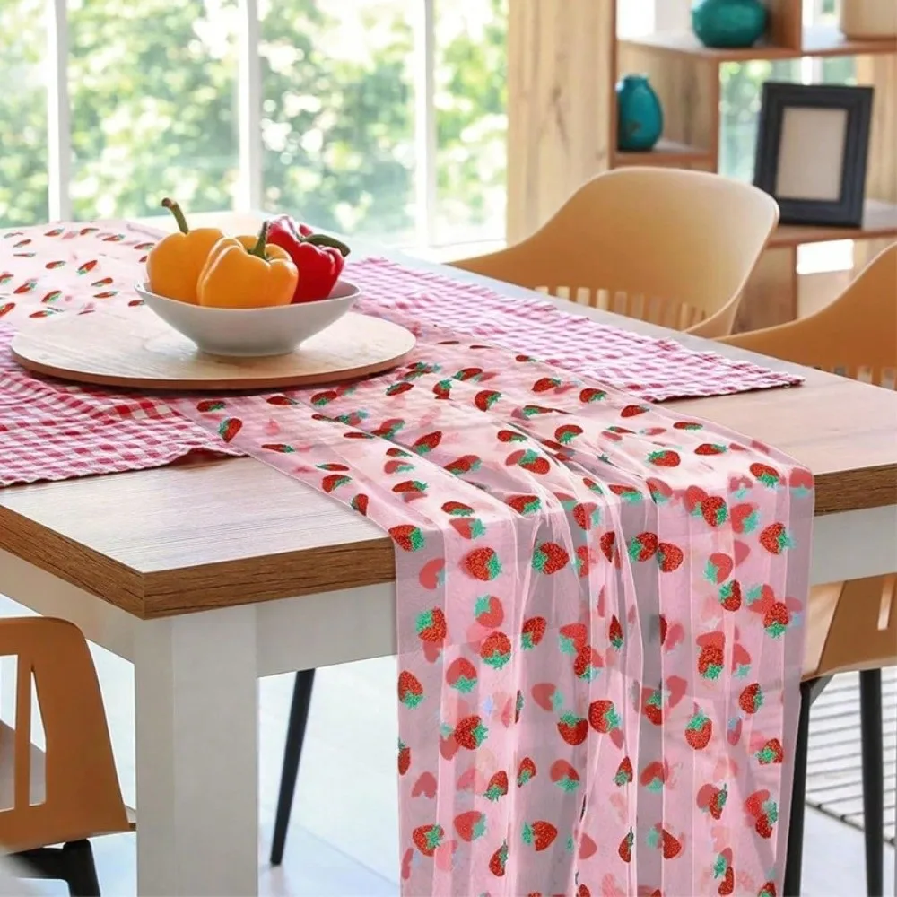 Tulle Fabric Strawberry Mesh Table Runner Sweet Glitter Princess Style Wedding Table Runner Polyester Table Cover