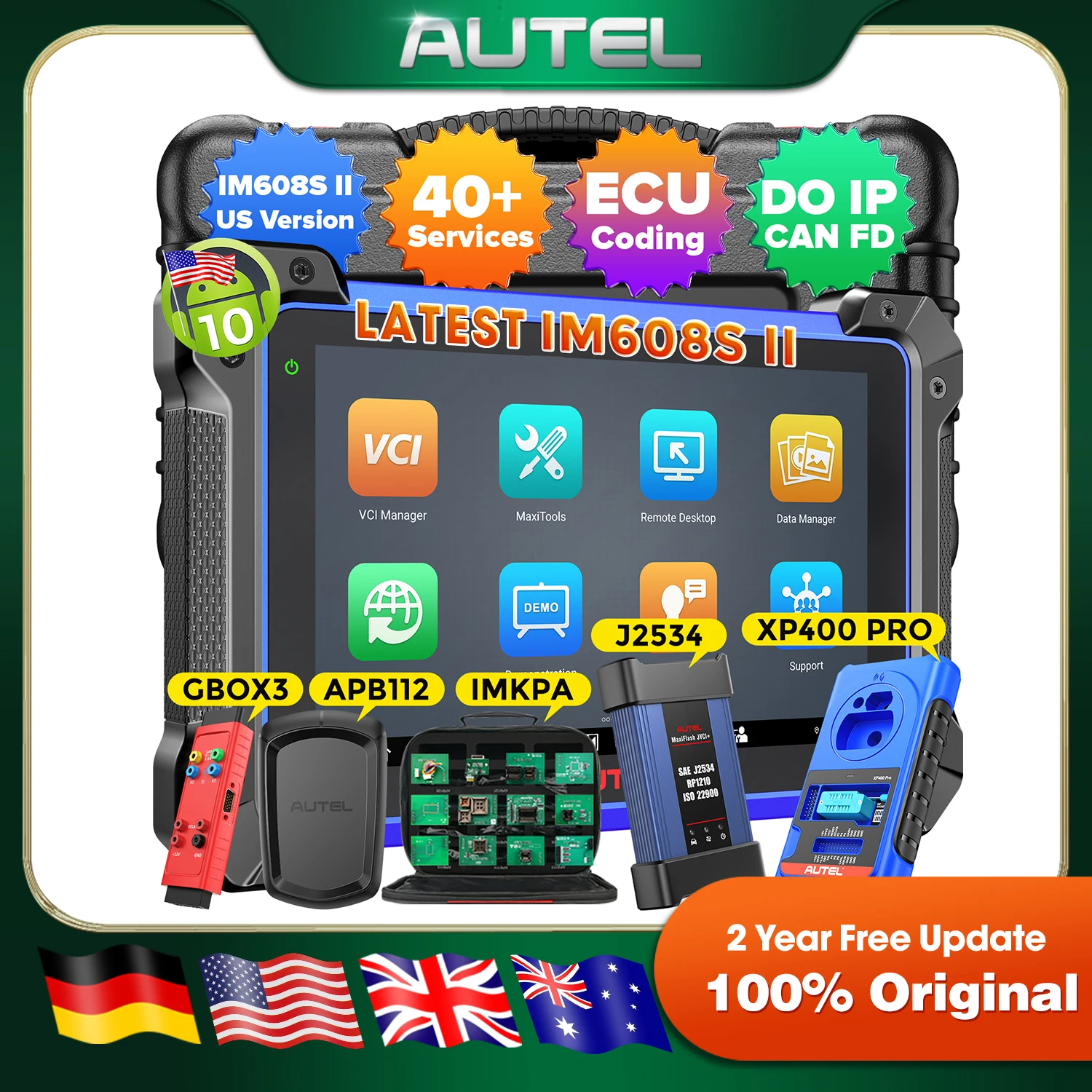 Scanner Autel MaxiIM IM608S II Version Globale IM608 PRO II IM608 II avec kit complet, outil de diagnostic bidirectionnel, fonction ECU comme Elite II Pro, 40+ services, 3K+ tests, systèmes complets OE, CANFD, DoIP, OS1, FCA, 2 ans de mise à jour gratuite