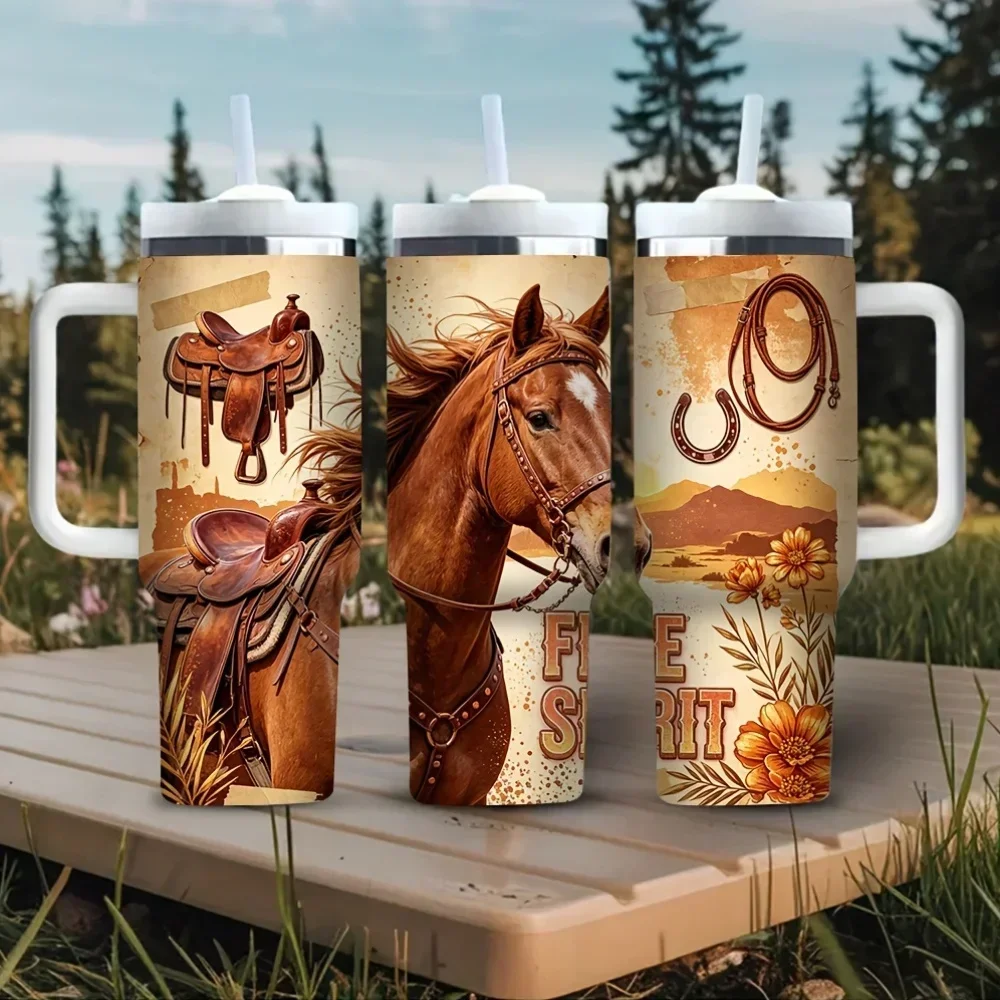 Vintage Western Style 40Oz Tumbler with Handle, Horse Saddle Lasso Print Cup for Equestrian Enthusiasts, Suitable for Hot And Cold Drinks, Ideal for Daily Home Use And Outdoor Travel Leisure Activities