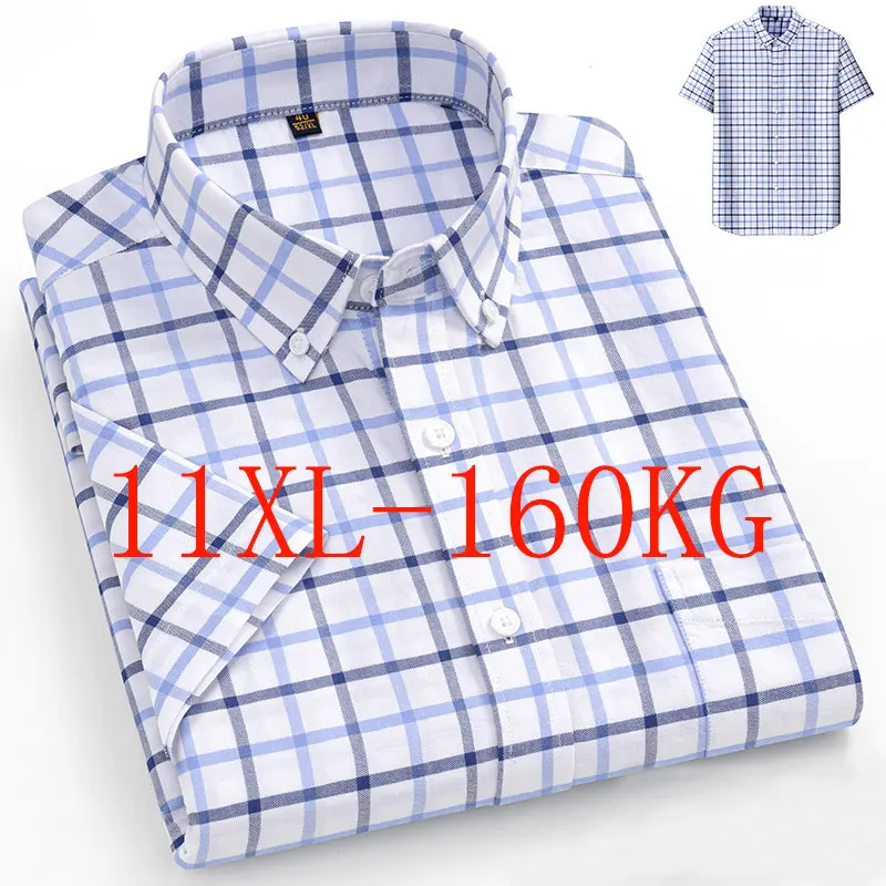 11XL, 10XL, 9XL oversized short-sleeved Oxford fabric checkered men's shirts, 100% pure cotton summer new style business casual