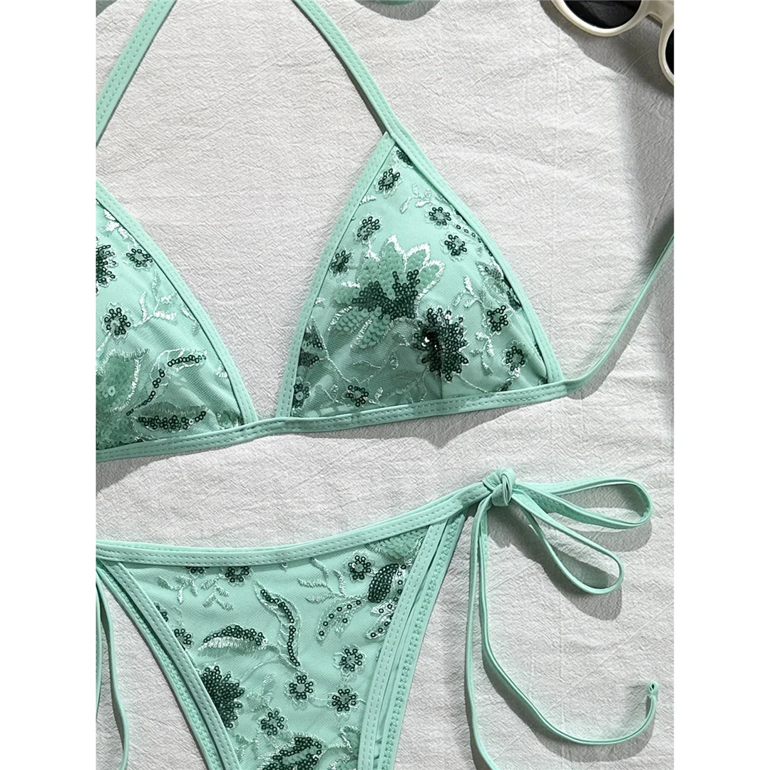 Bedruckter Bikini mit Pailletten, Neckholder-Design, Damen-Badebekleidung, zweiteiliger Bikini, hoher Beinausschnitt, Badeanzug, Badebekleidung, Modell V8237. – Detail 16