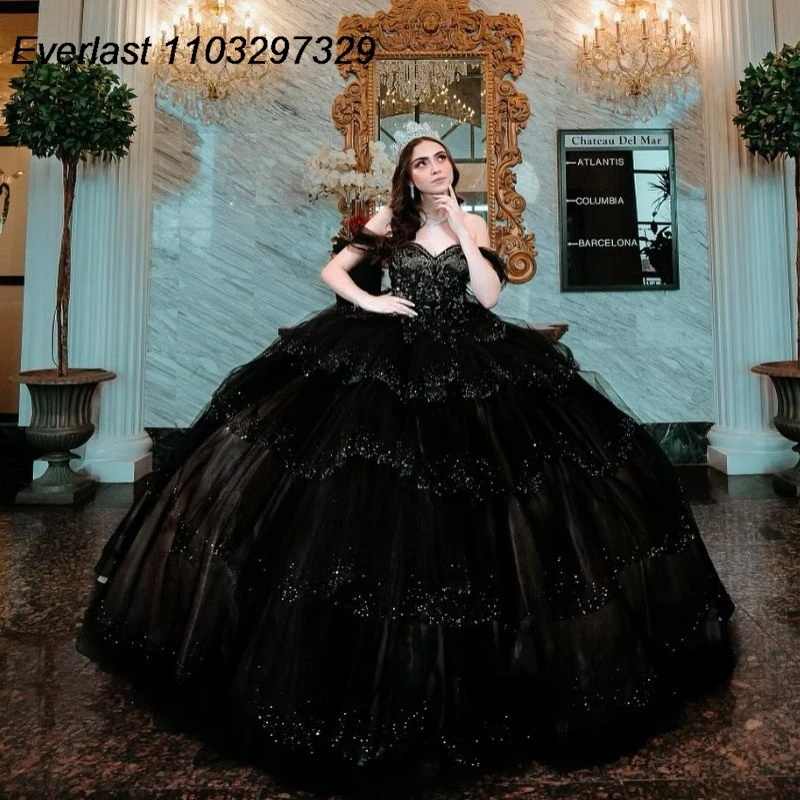 EVLAST Customized Black Ball Gown Quinceanera Dress 3D Lace Floral Applique Beading Tiered Sweet 15 Vestido De 15 Anos TQD578