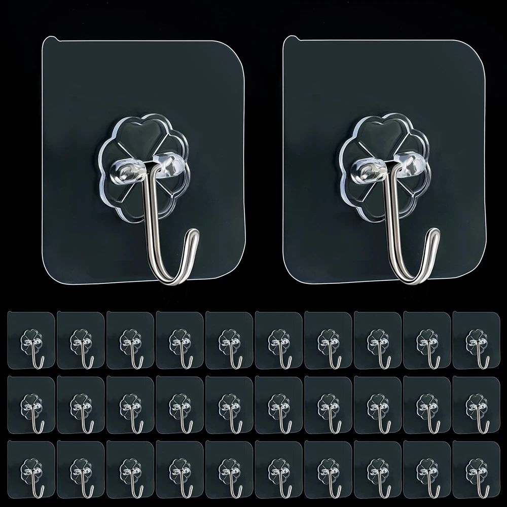 10PCS Transparent Stainless Steel Strong Self Adhesive Hooks Key Storage Hanger for Kitchen Bathroom Door Wall Multi-Function